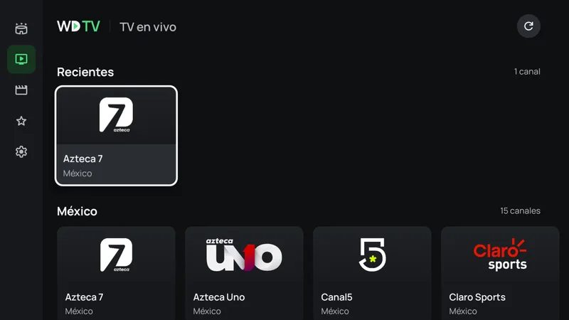 Sección TV en vivo de WDTV con canales de México organizados en tarjetas.